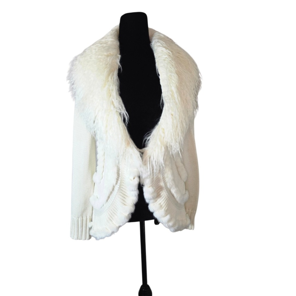 Laseine Womens S Ivory Faux Fur Collar Cardigan Sweater Coquette Romantic
